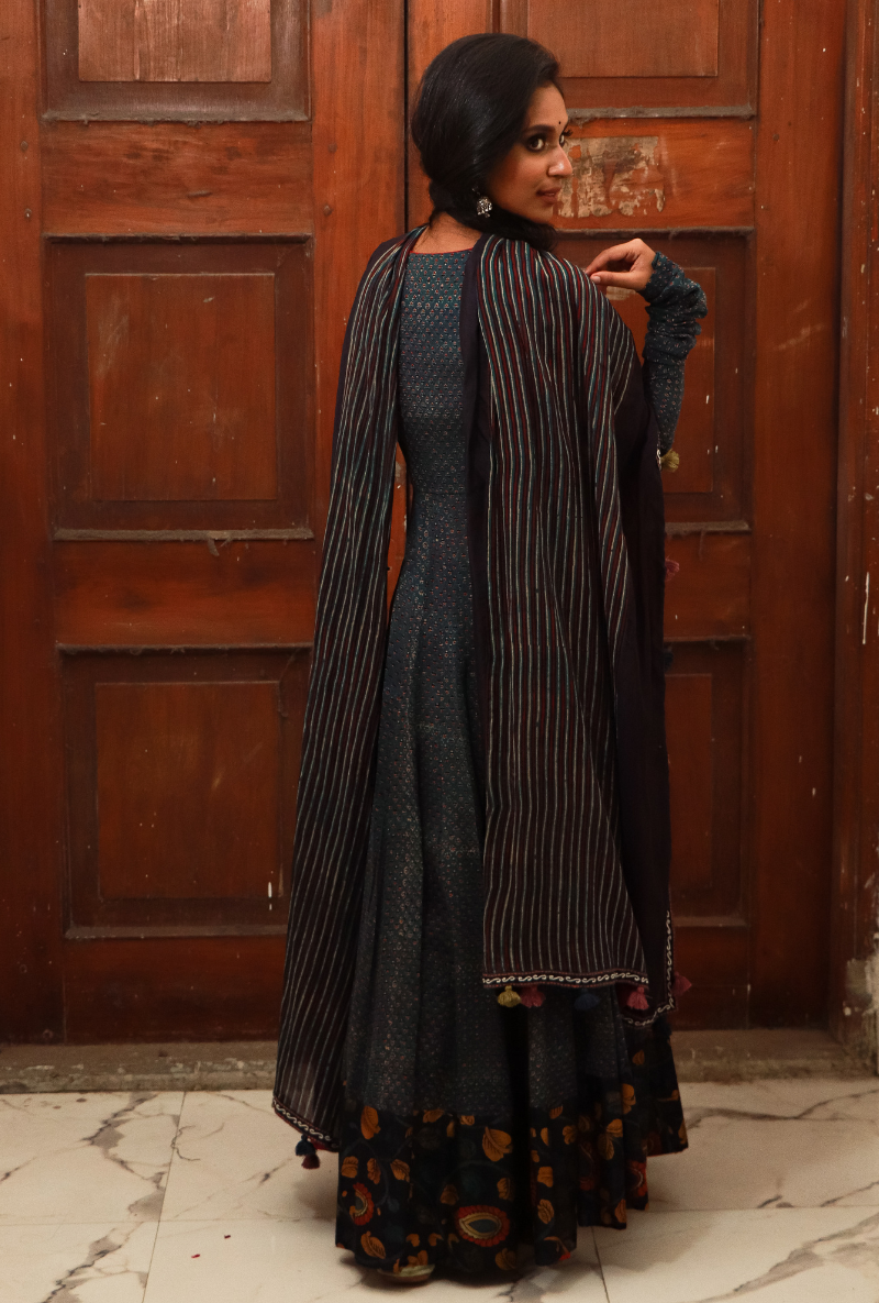 Blue Ajrakh Kalidar Angarakha Set