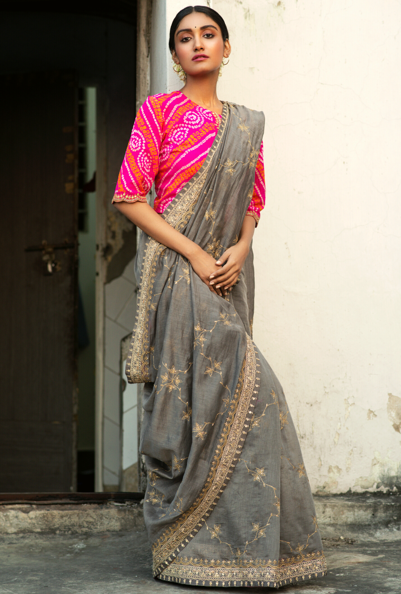 Sakhi Pink & Grey Chanderi Saree Set