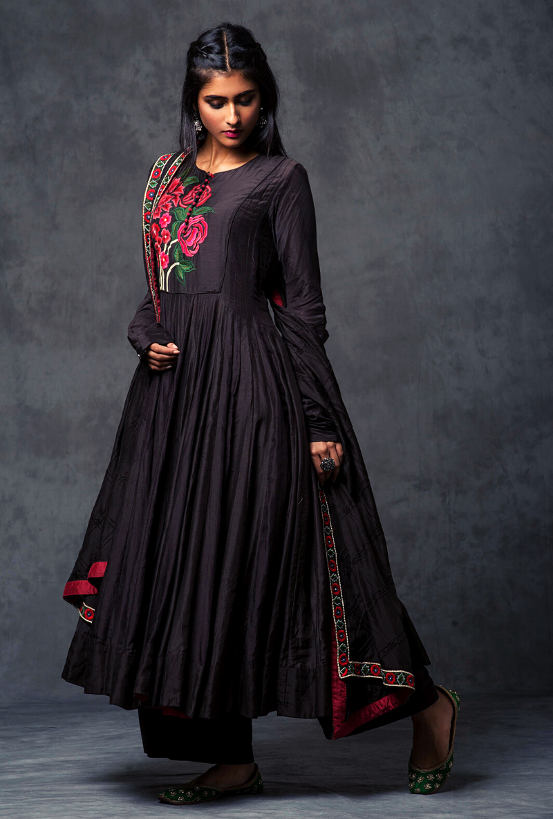 Red & Black Floral Churidar Set