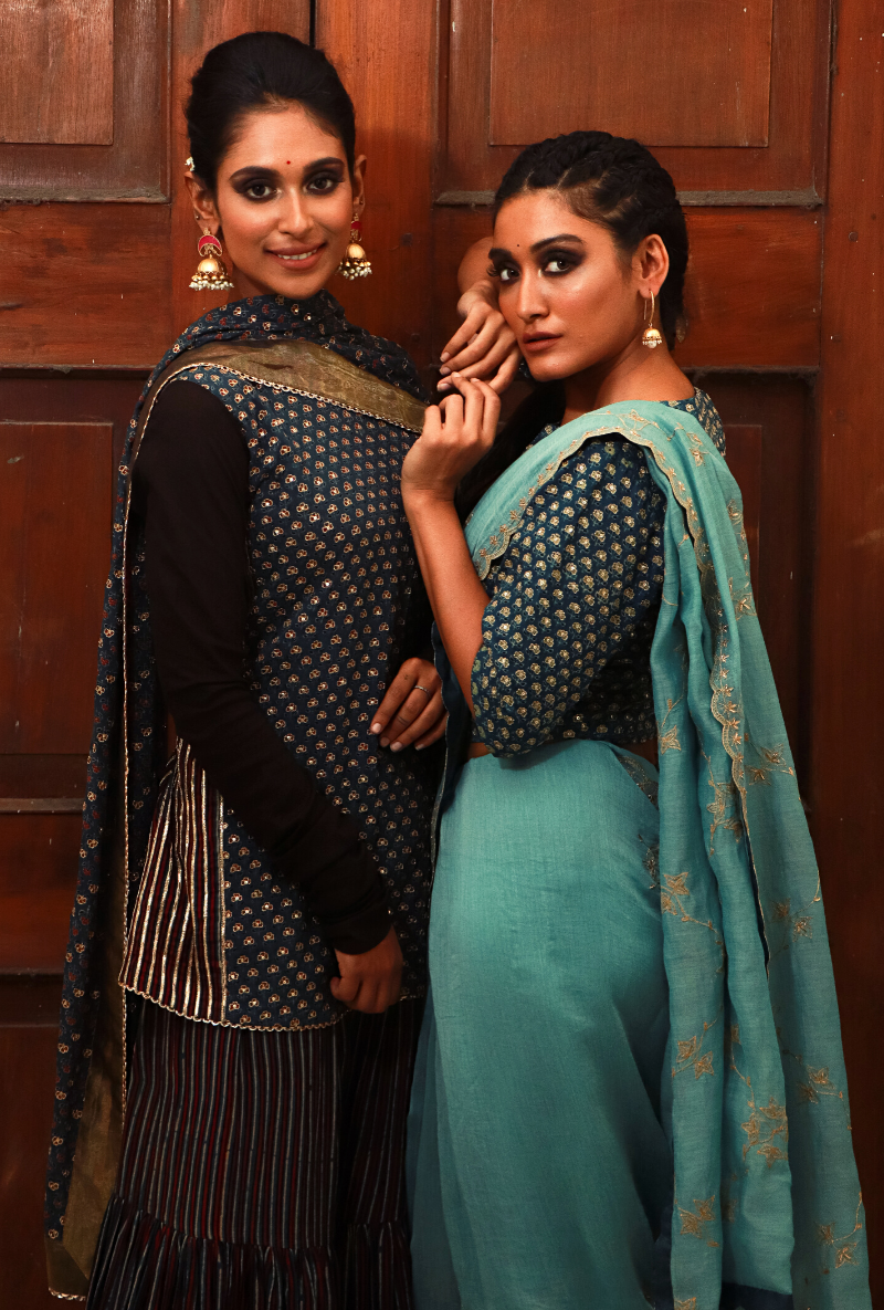 Powder Blue Chanderi Saree Set