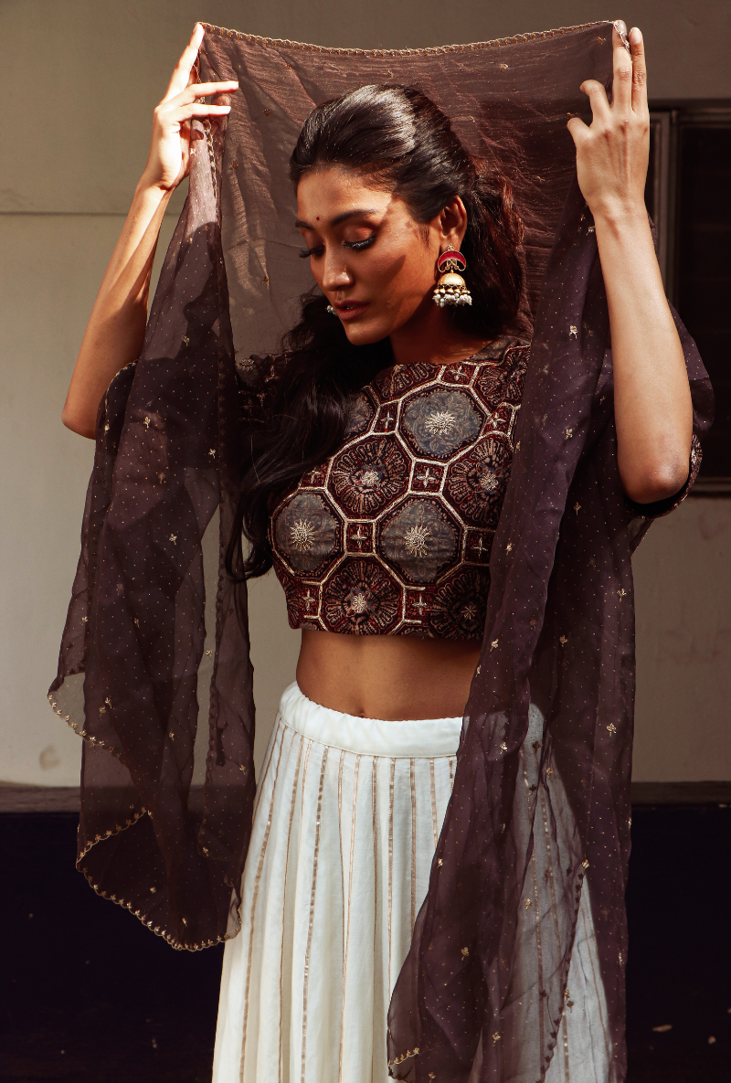 Gudiya Ivory Brown Lehenga Set