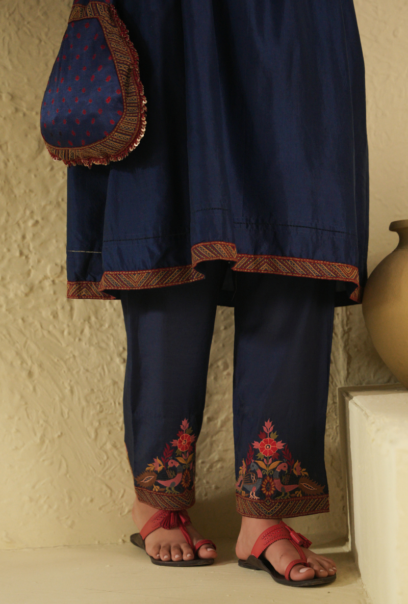 Rangreza Classic Blue Peacock Coral Kurta Set With Gajji Silk Bandhej Dupatta