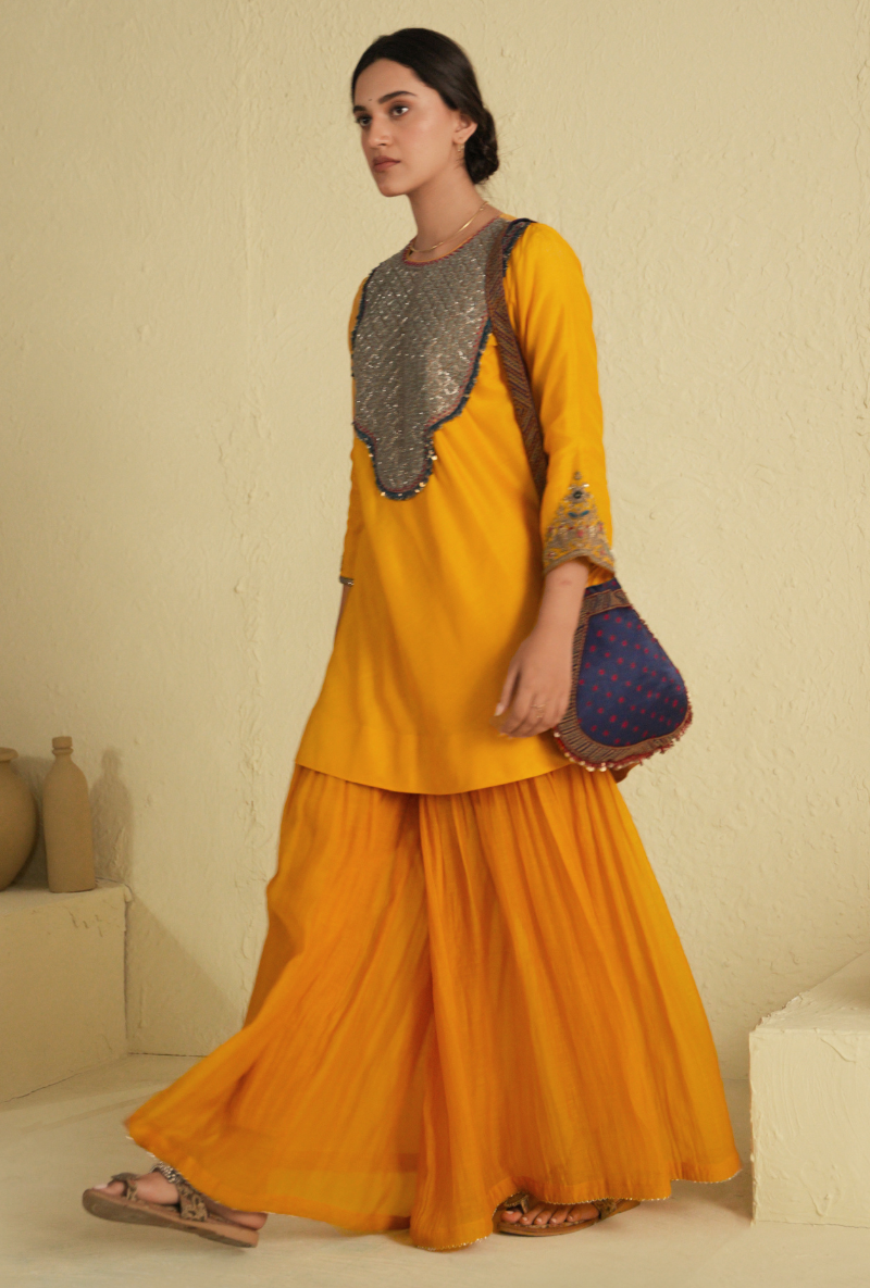 Rangreza Golden Yellow Sharara Set With Classic Blue Pure Silk Dupatta