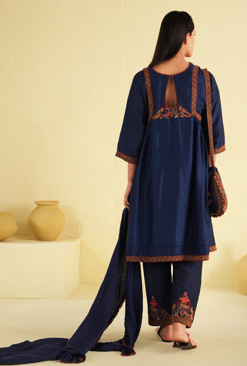 Rangreza Classic Blue Peacock Coral Kurta Set With Gajji Silk Bandhej Dupatta