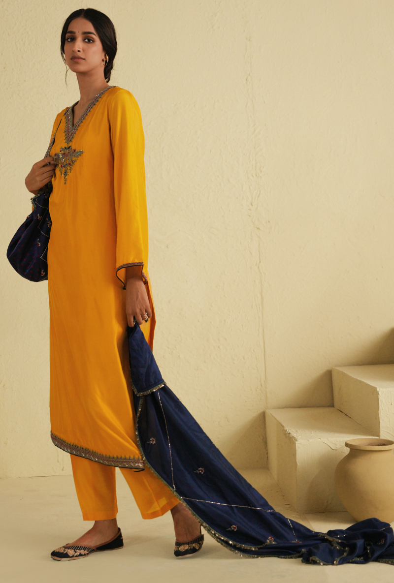 Rangreza Golden Yellow Straight Cut  Kurta Set With Classic Blue Dupatta