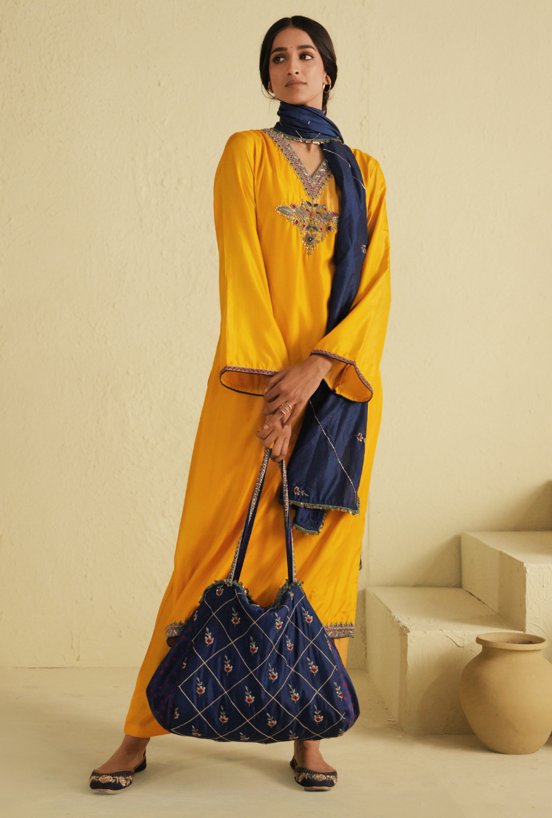 Rangreza Golden Yellow Straight Cut  Kurta Set With Classic Blue Dupatta