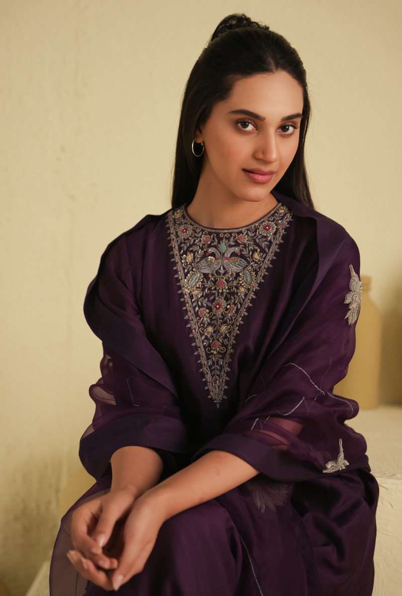 Rangreza Dark Purple Kurta Set With Lotus Motif Silk Organza Dupatta