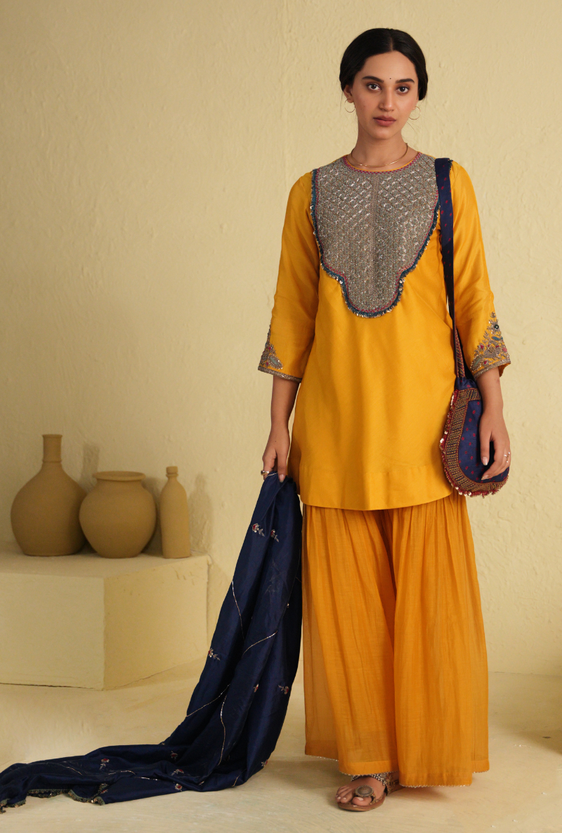 Rangreza Golden Yellow Sharara Set With Classic Blue Pure Silk Dupatta ...