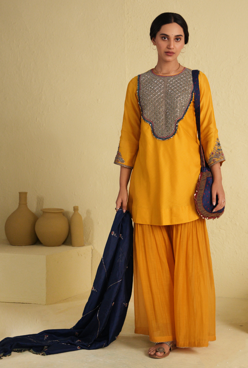 Rangreza Golden Yellow Sharara Set With Classic Blue Pure Silk Dupatta