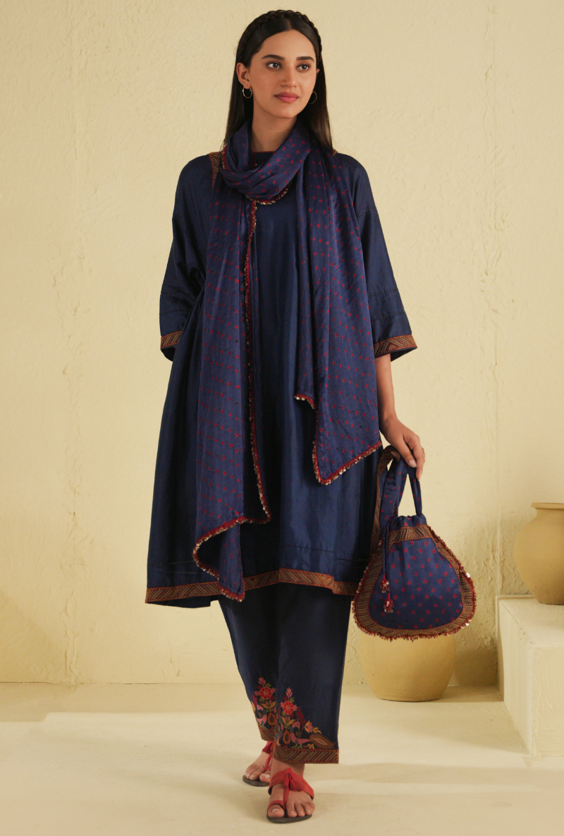 Rangreza Classic Blue Peacock Coral Kurta Set With Gajji Silk Bandhej Dupatta