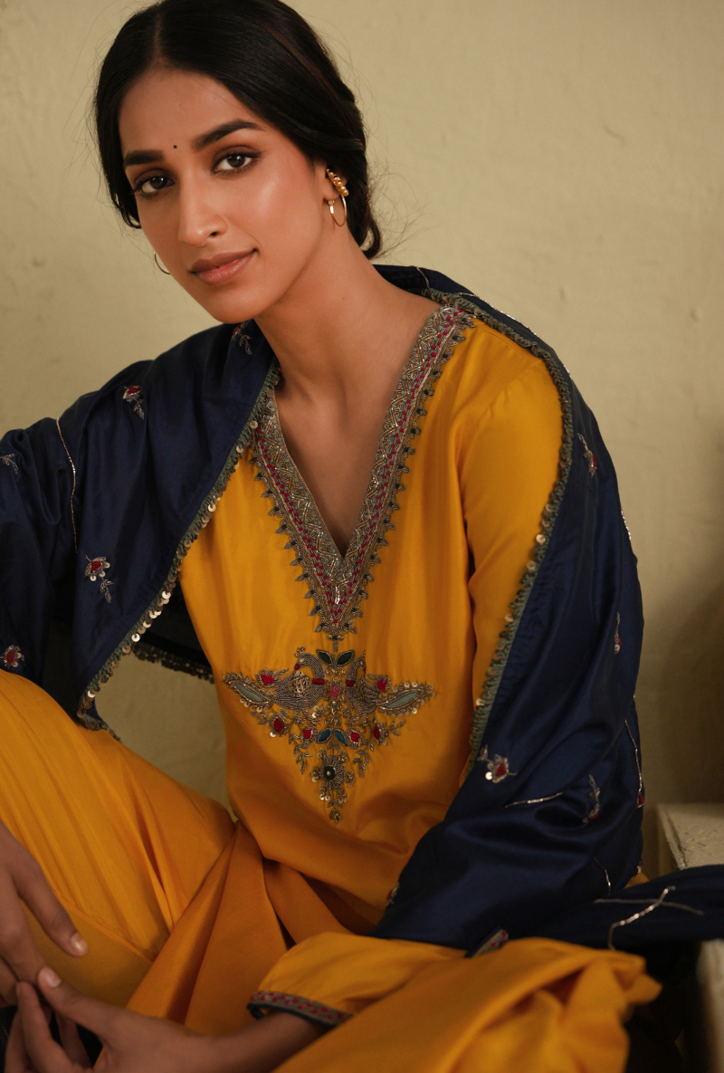 Rangreza Golden Yellow Straight Cut  Kurta Set With Classic Blue Dupatta