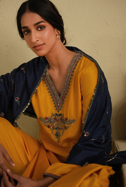 Rangreza Golden Yellow Straight Cut  Kurta Set With Classic Blue Dupatta