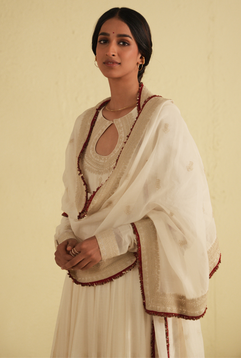 Rangreza Ivory Chanderi Silk Kalidar Kurta Set With Allover Butis Dupatta