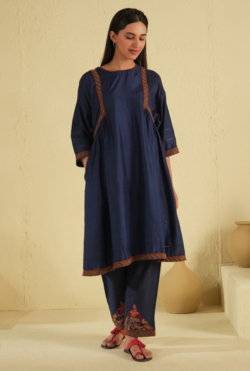 Rangreza Classic Blue Peacock Coral Kurta Set With Gajji Silk Bandhej Dupatta