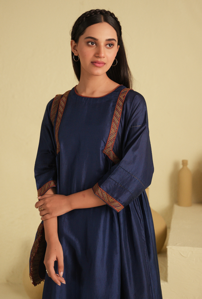 Rangreza Classic Blue Peacock Coral Kurta Set With Gajji Silk Bandhej Dupatta