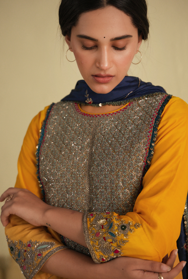 Rangreza Golden Yellow Sharara Set With Classic Blue Pure Silk Dupatta