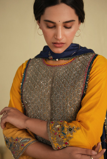 Rangreza Golden Yellow Sharara Set With Classic Blue Pure Silk Dupatta