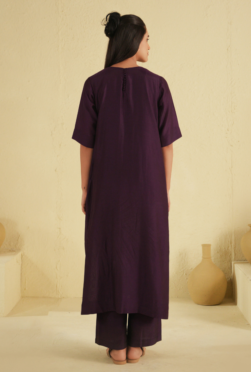 Rangreza Dark Purple Kurta Set With Lotus Motif Silk Organza Dupatta
