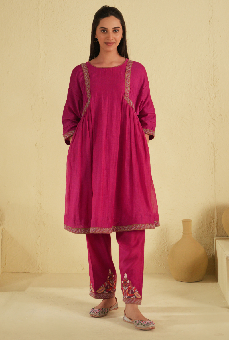 Rangreza Hot Pink Peacock Side Gathered Kurta Set