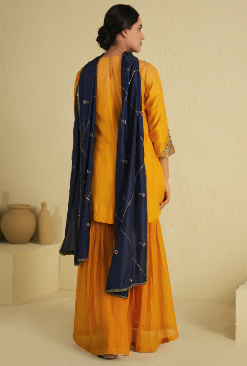 Rangreza Golden Yellow Sharara Set With Classic Blue Pure Silk Dupatta