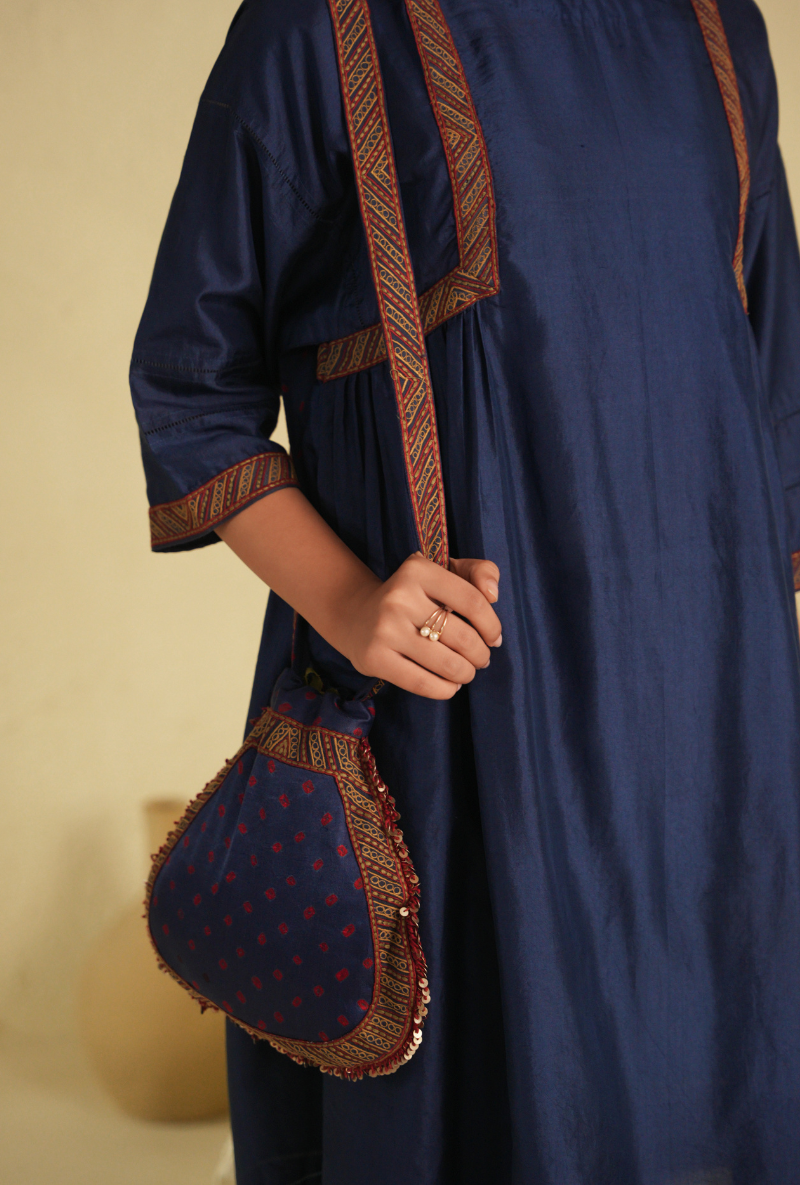 Rangreza Classic Blue Peacock Coral Kurta Set With Gajji Silk Bandhej Dupatta