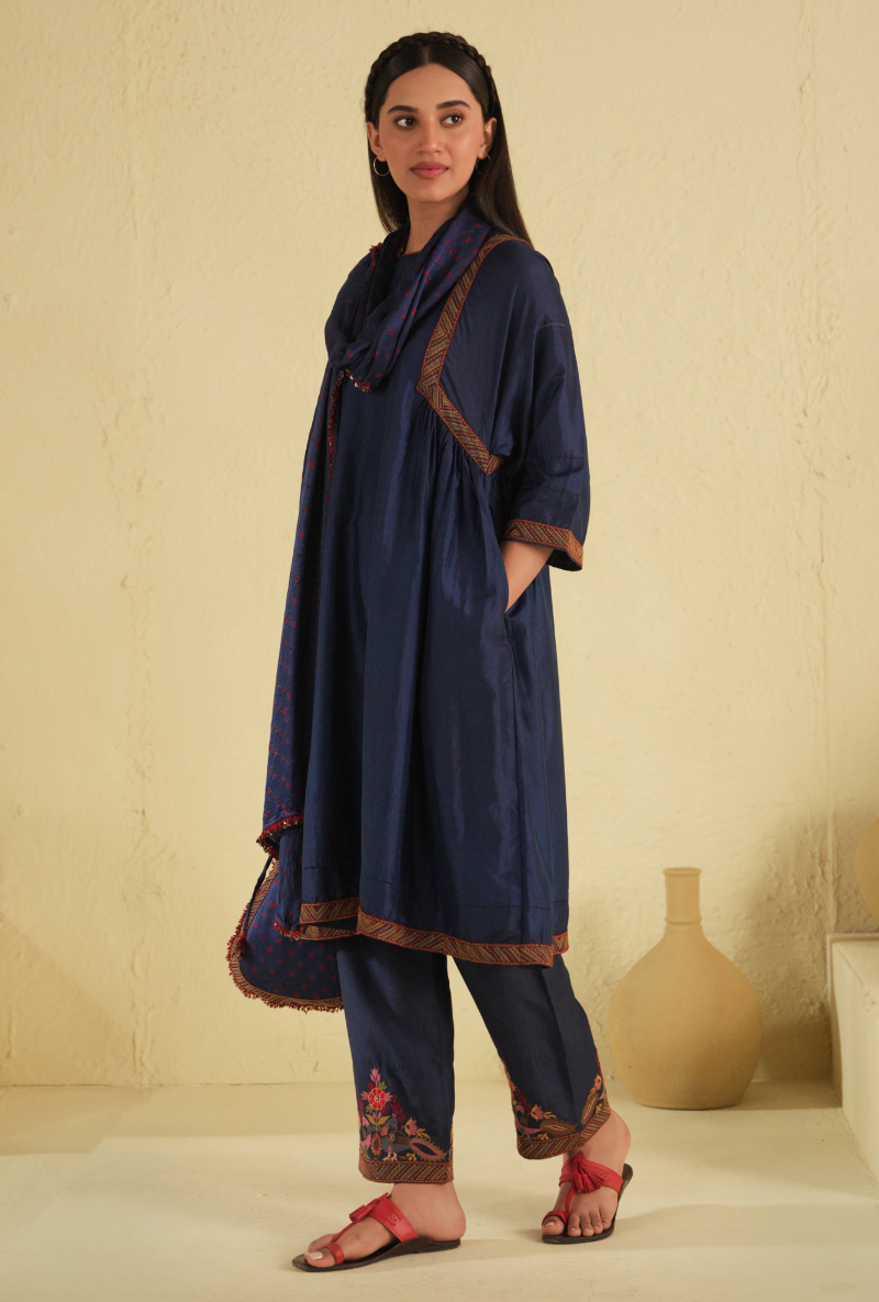 Rangreza Classic Blue Peacock Coral Kurta Set With Gajji Silk Bandhej Dupatta
