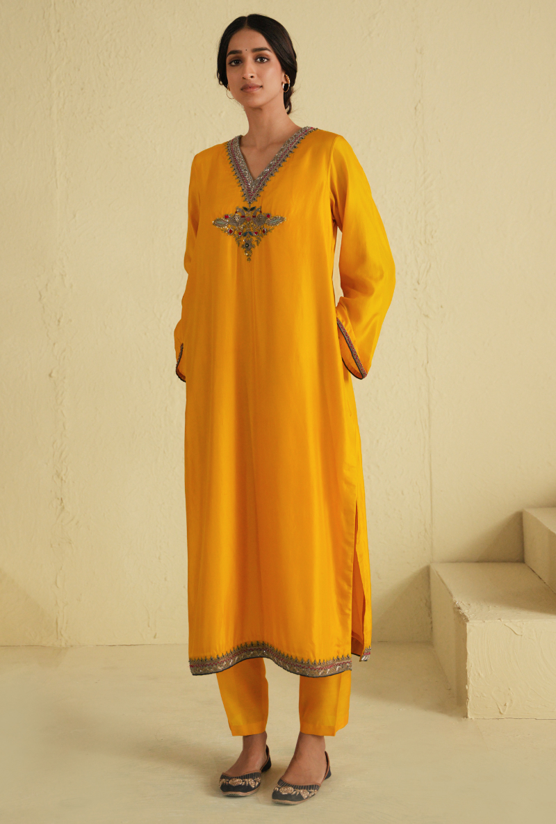 Rangreza Golden Yellow Straight Cut  Kurta Set With Classic Blue Dupatta