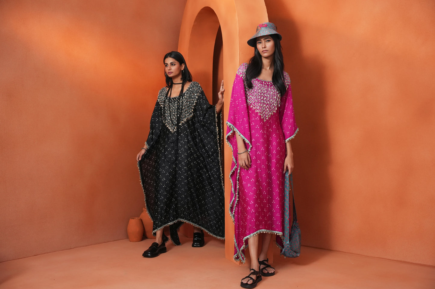 Kachcha Hot Pink Bandhej Kaftan
