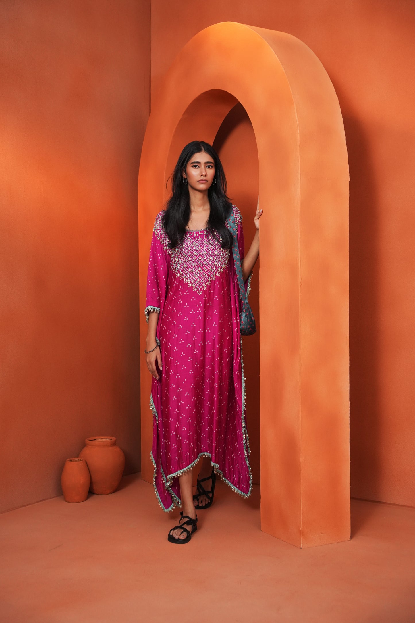 Kachcha Hot Pink Bandhej Kaftan