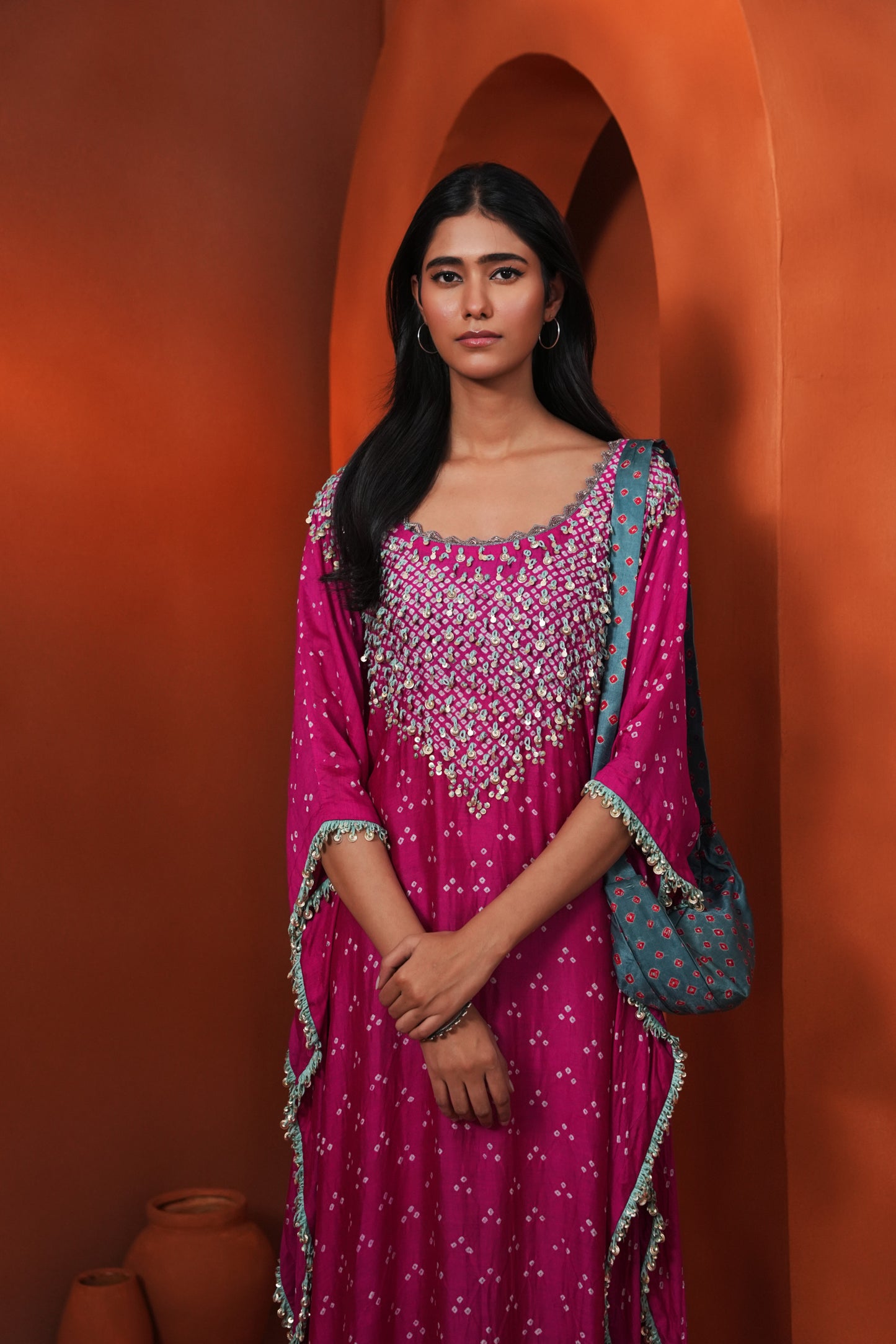 Kachcha Hot Pink Bandhej Kaftan