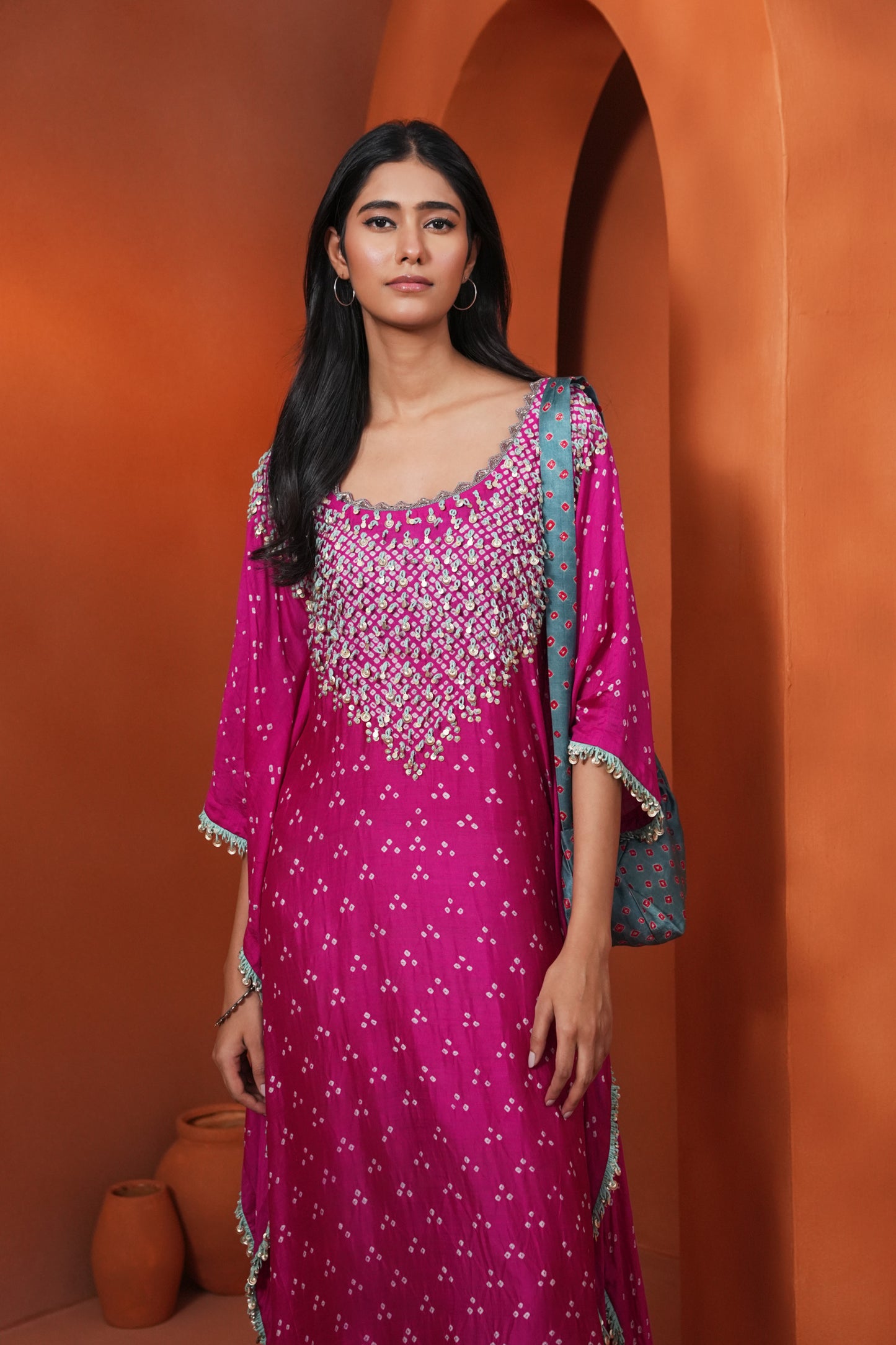 Kachcha Hot Pink Bandhej Kaftan