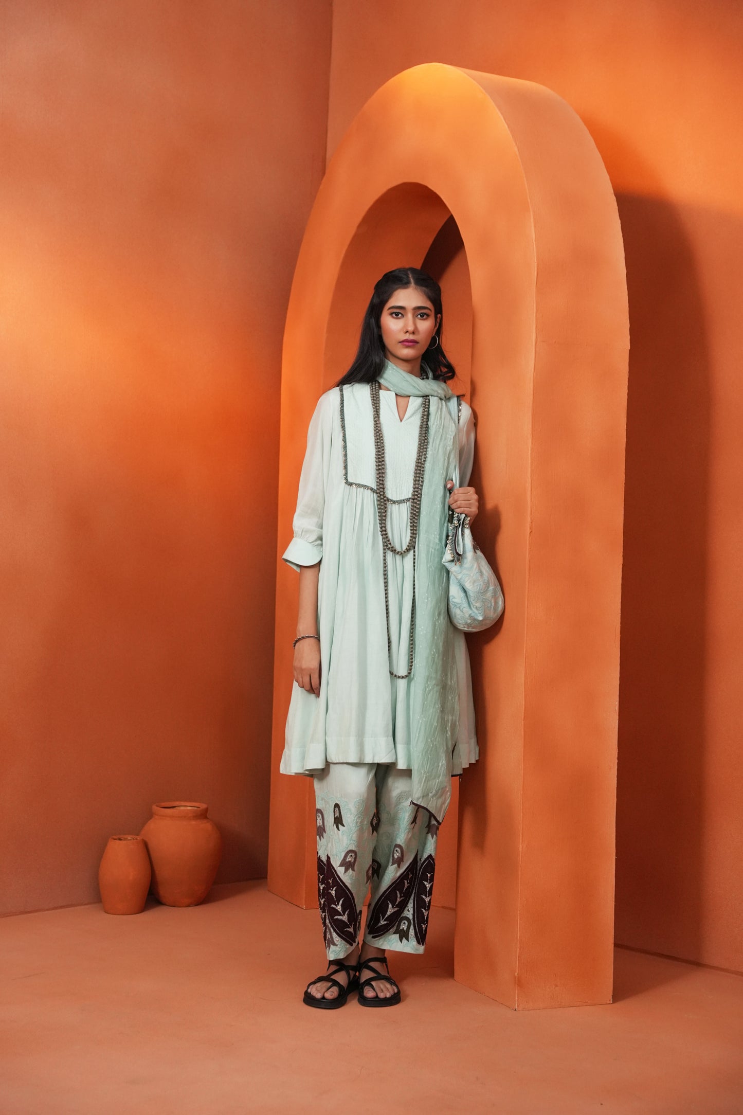 Kachcha Surf Blue Pintuck Kurta and Applique Pant