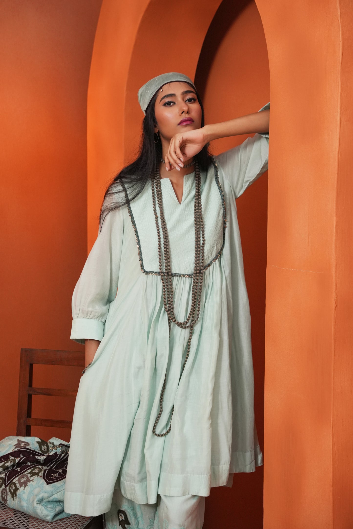 Kachcha Surf Blue Pintuck Kurta and Applique Pant