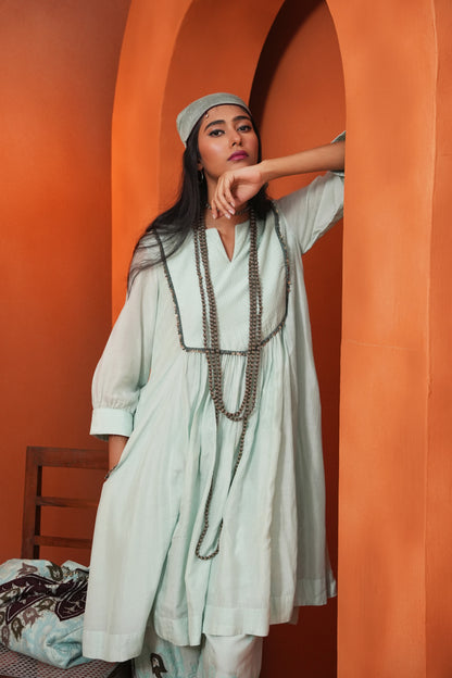 Kachcha Surf Blue Pintuck Kurta and Applique Pant