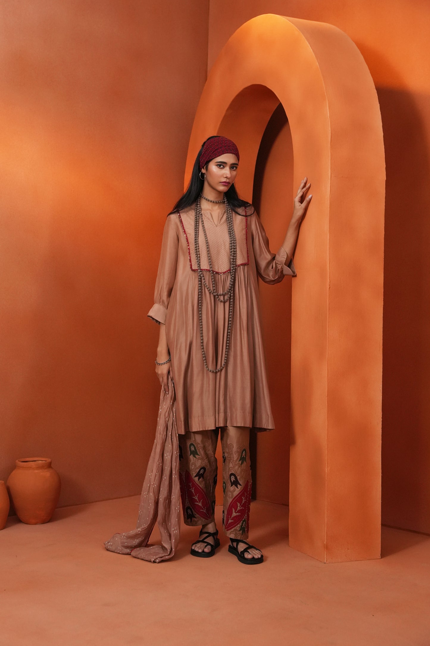 Kachcha Blush Brown Pintuck Kurta and Applique Pant