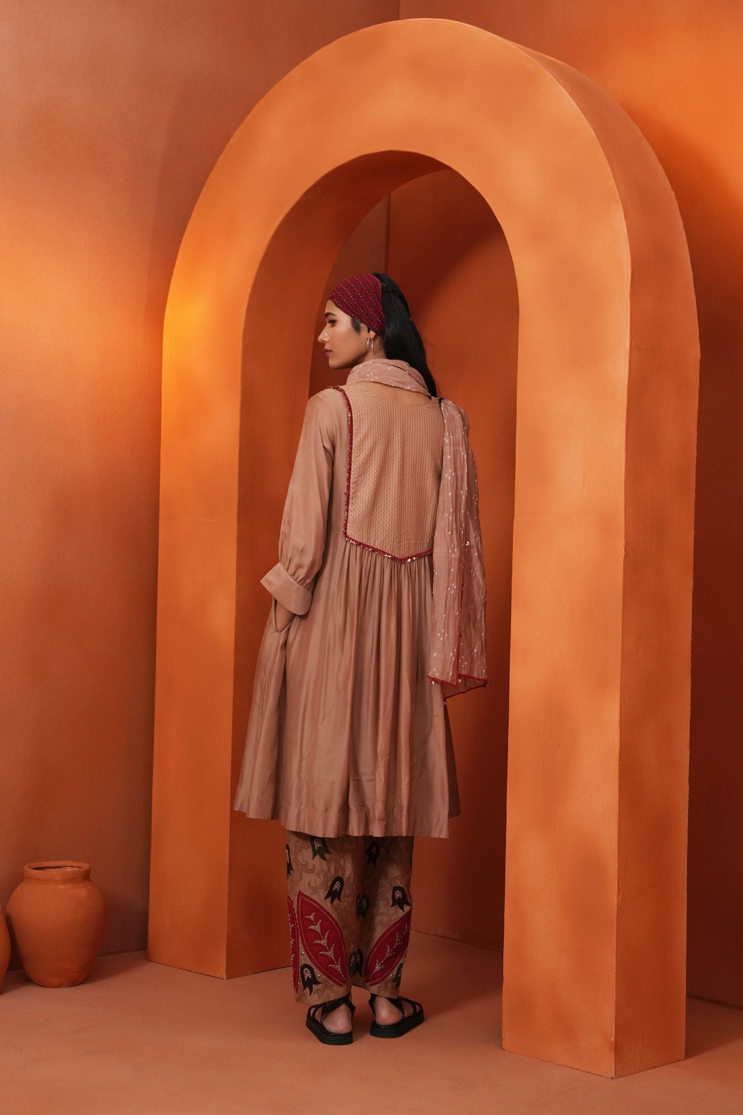 Kachcha Blush Brown Pintuck Kurta and Applique Pant