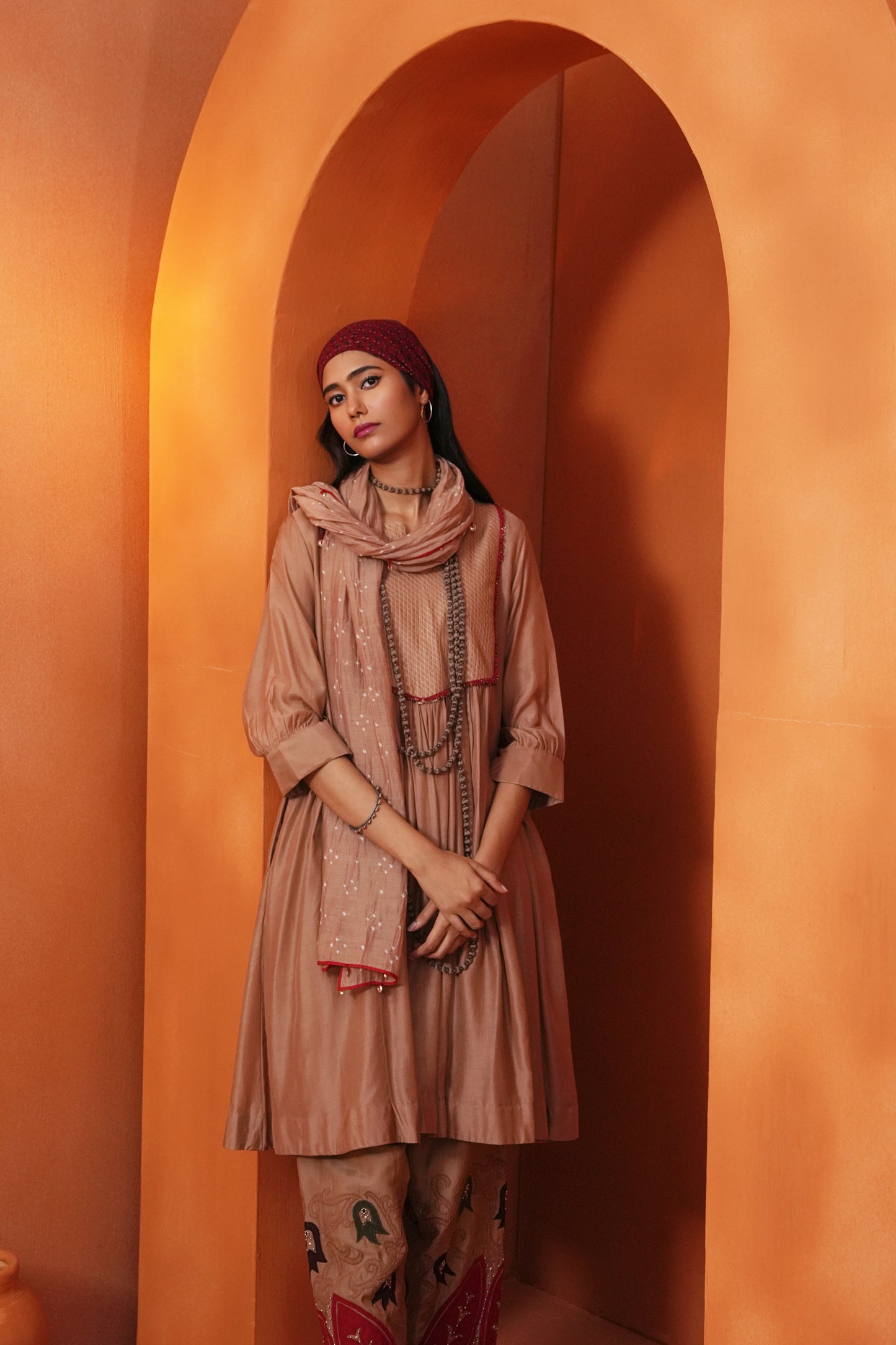 Kachcha Blush Brown Pintuck Kurta and Applique Pant