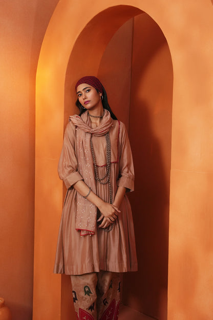 Kachcha Blush Brown Pintuck Kurta and Applique Pant