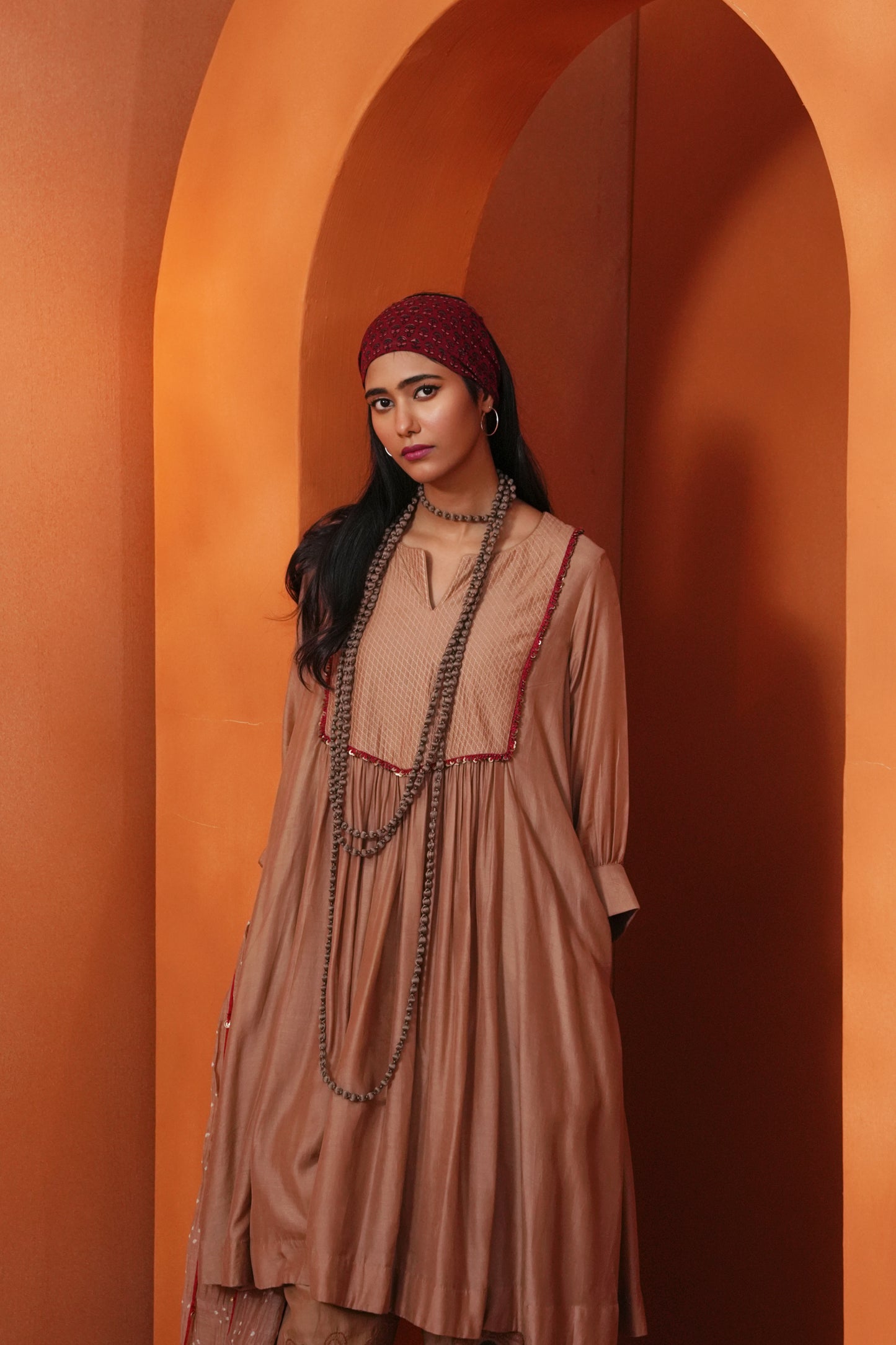 Kachcha Blush Brown Pintuck Kurta and Applique Pant