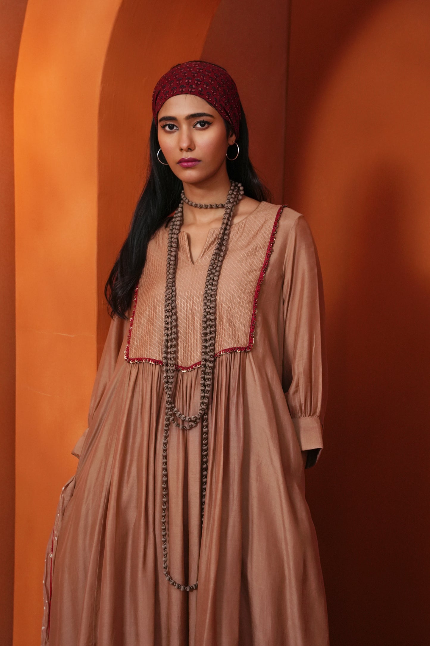 Kachcha Blush Brown Pintuck Kurta and Applique Pant