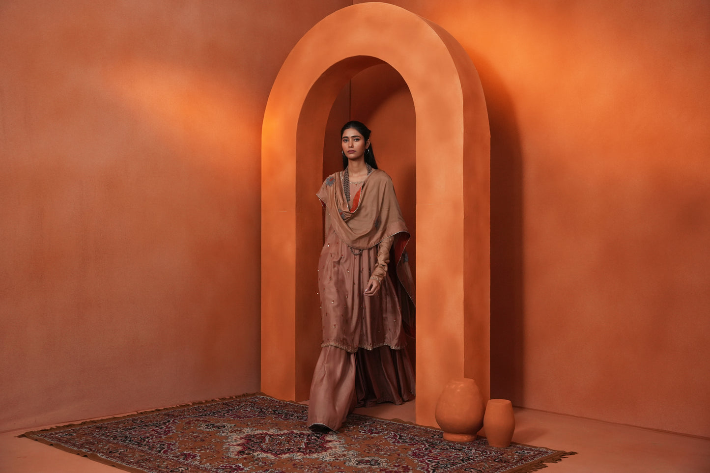 Kachcha Blush Brown Kalidar Sequins Kurta and Sharara Set