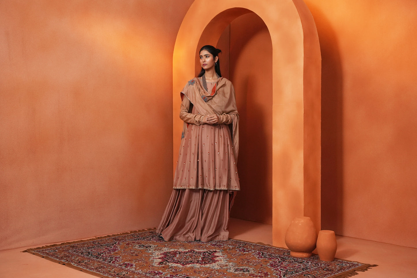 Kachcha Blush Brown Kalidar Sequins Kurta and Sharara Set