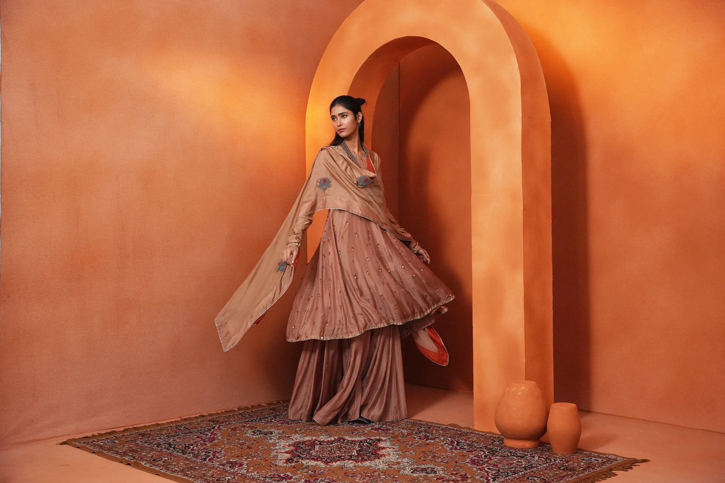 Kachcha Blush Brown Kalidar Sequins Kurta and Sharara Set