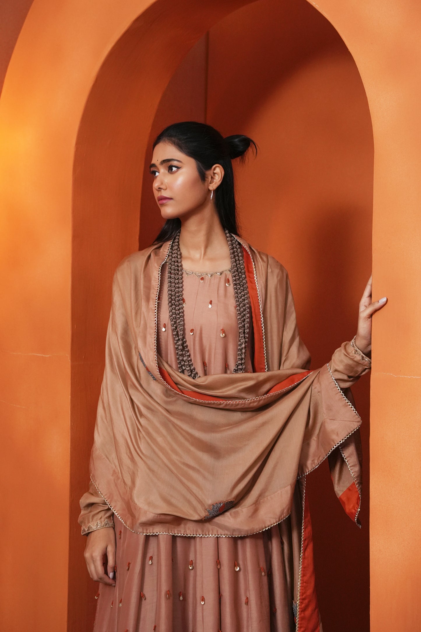Kachcha Blush Brown Kalidar Sequins Kurta and Sharara Set