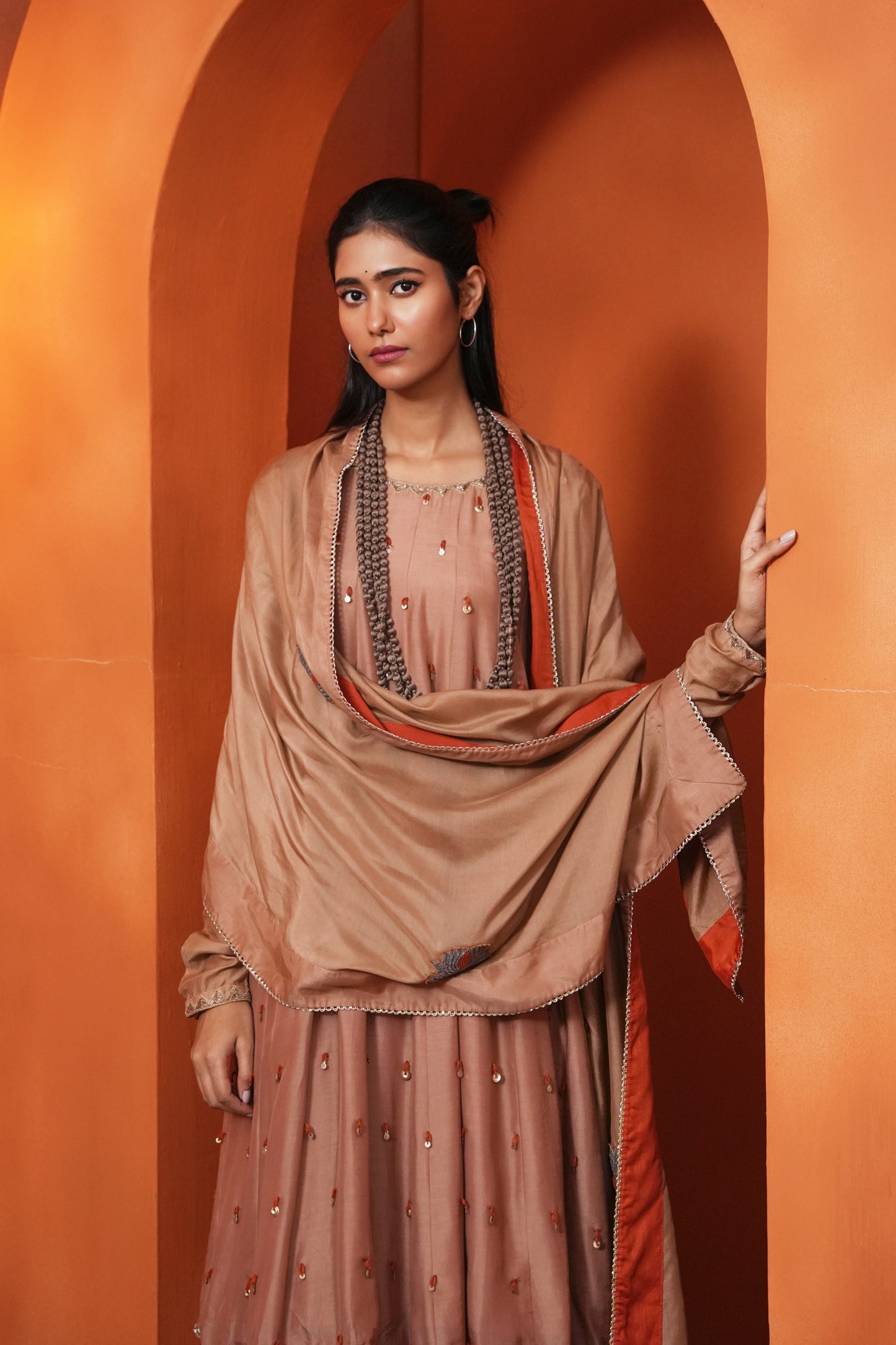 Kachcha Blush Brown Kalidar Sequins Kurta and Sharara Set