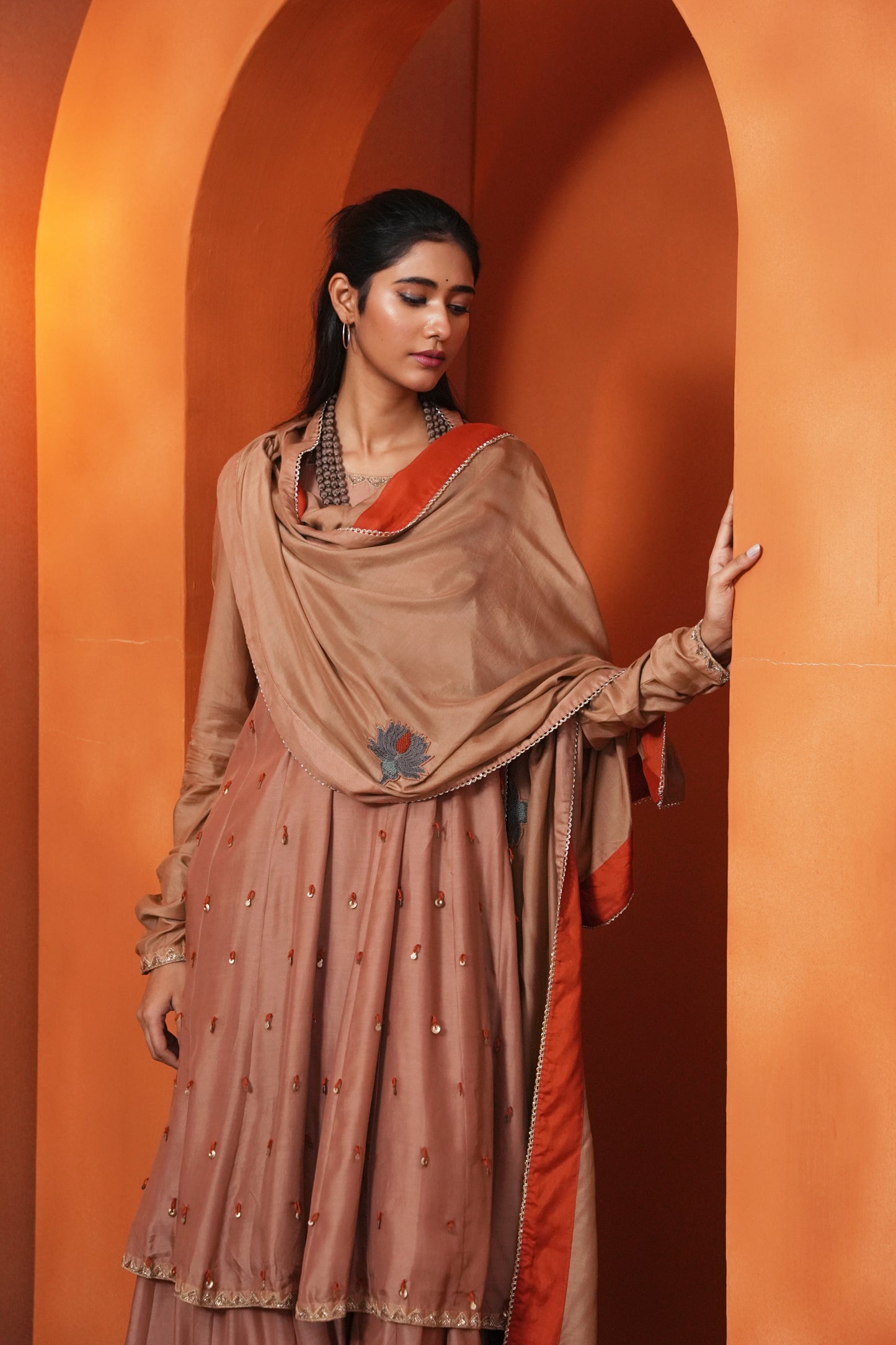 Kachcha Blush Brown Kalidar Sequins Kurta and Sharara Set