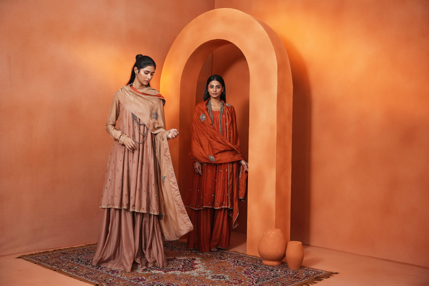 Kachcha Blush Brown Kalidar Sequins Kurta and Sharara Set