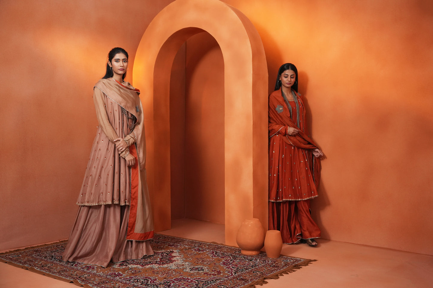 Kachcha Blush Brown Kalidar Sequins Kurta and Sharara Set