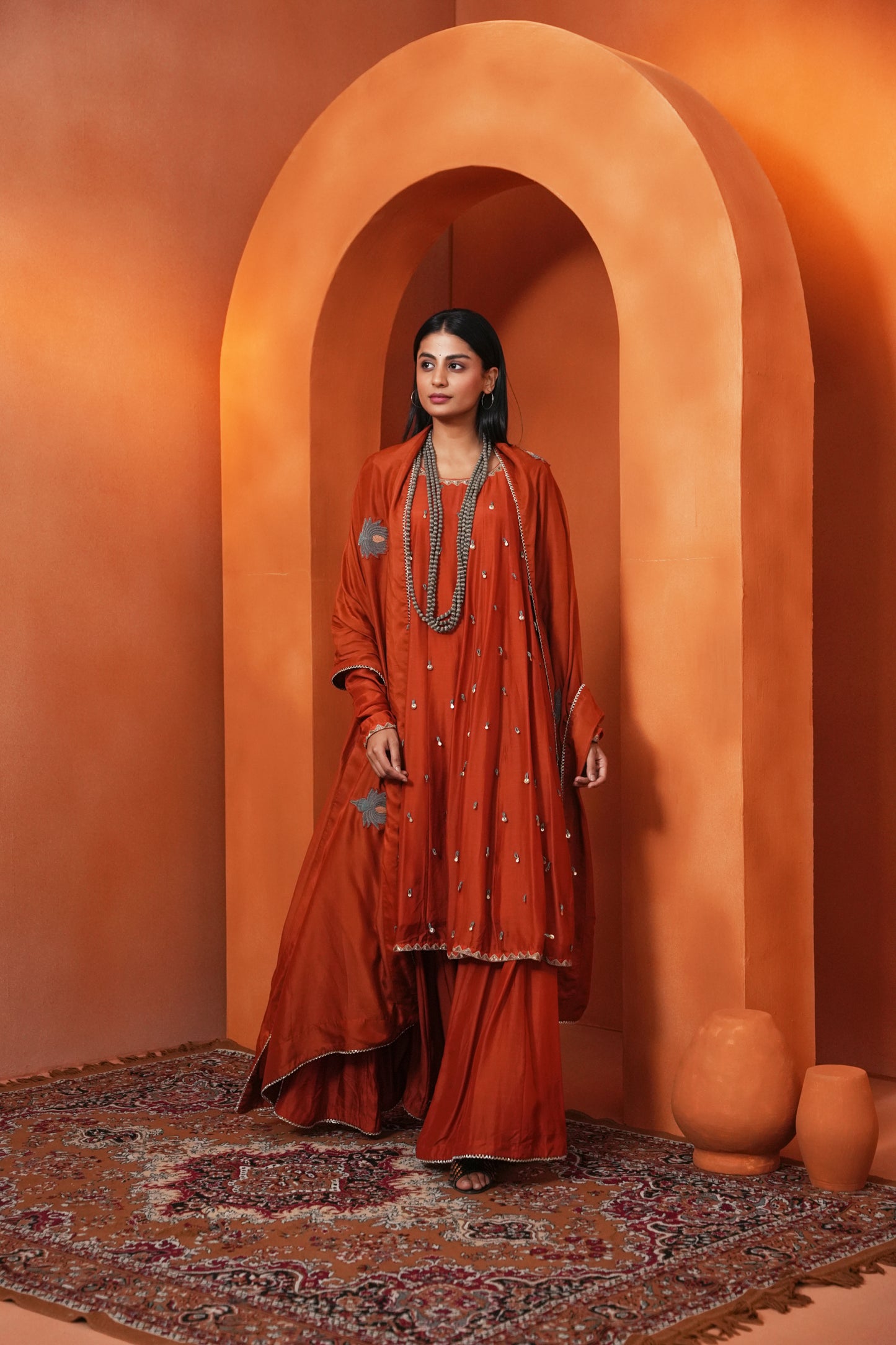Kachcha Apricot Kalidar Sequins Kurta and Sharara Set