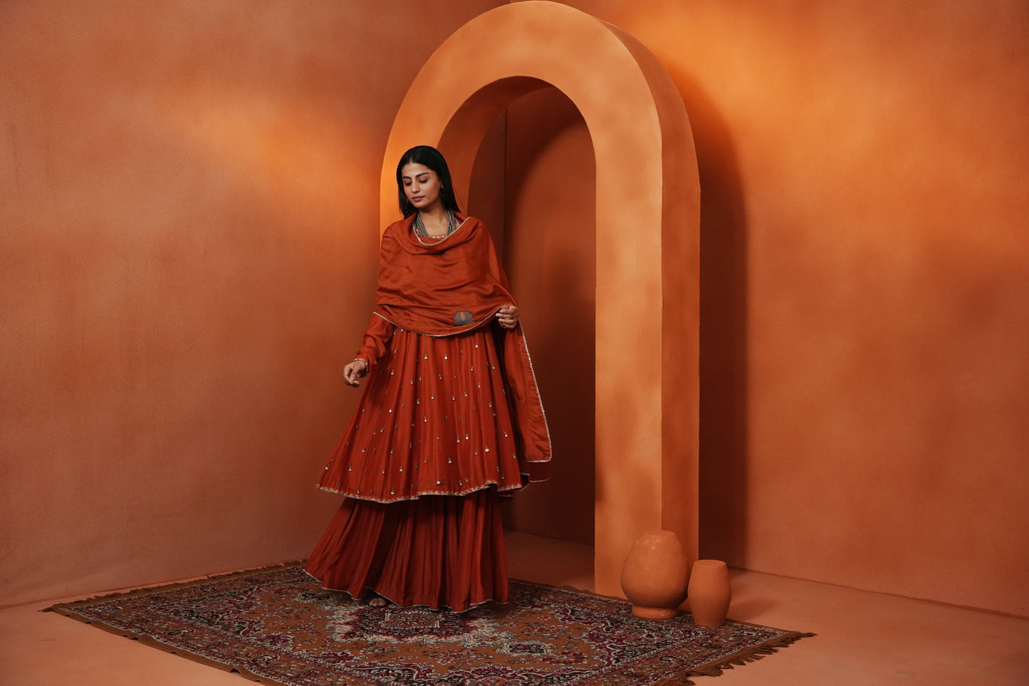 Kachcha Apricot Kalidar Sequins Kurta and Sharara Set
